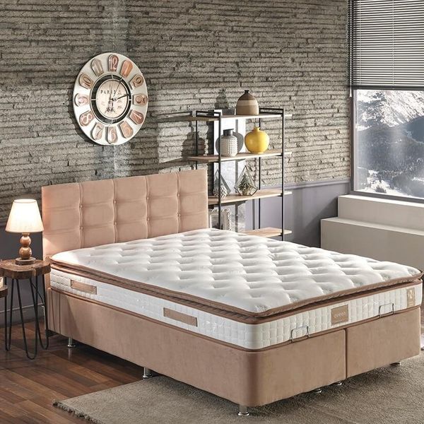 Niron Queen Çift Kişilik Pedli Yatak Seti 150x200 cm Sütlü Kahve Kumaş Baza, Başlık ve Yatak Takımı