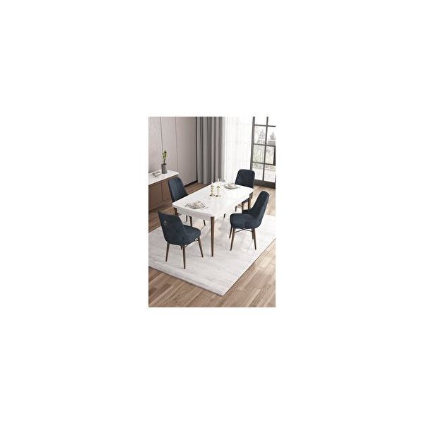 Canisa Are Serisi Beyaz Masa Ceviz Ayak MDF 80x132 Açılabilir Yemek Odası Takımı Gümüş Halkalı Siyah 4 Sandalye