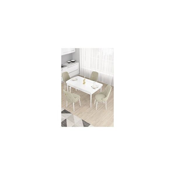 Canisa Taç Serisi Beyaz 80x132 cm Açılabilir 4 Sandalye Gold Halkalı Krem Mutfak Masa Takımı