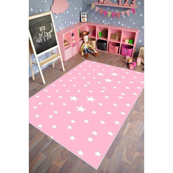 10 Post Online Figürlü Yıldızlı Pembe Kaydırmaz Kesme 100x325 cm Çocuk Odası Halı