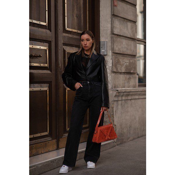 Dericlub WM34 Crop Blazer Kadın Siyah Deri Ceket