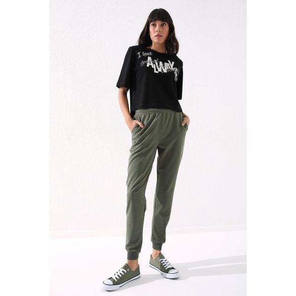 Tommy Life 94561 Haki Yüksek Bel Jogger Rahat Form Manşetli Kadın Eşofman Altı