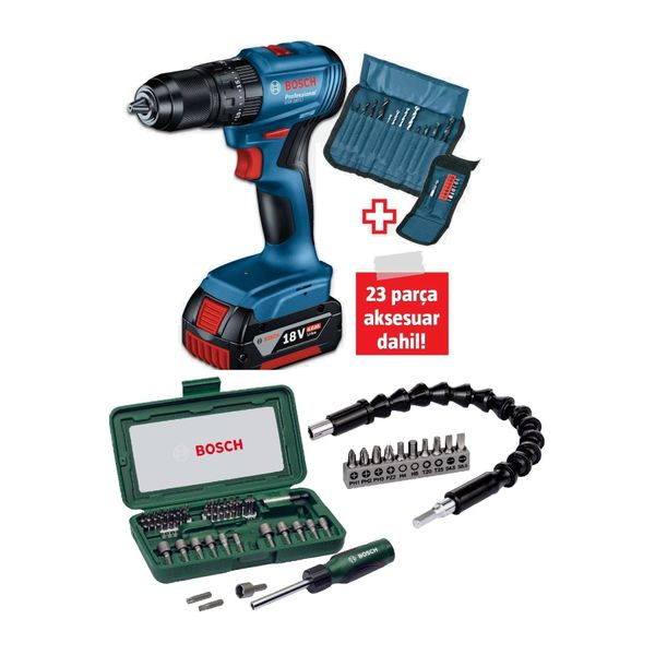 Bosch GSB 185 LI Tek Akülü Kömürsüz Darbeli Matkap Vidalama Şarjlı Matkap ve 103 Parça Matkap Ucu Vidalama Ucu Aksesuar Seti