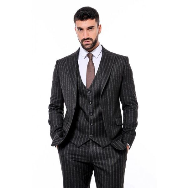 Wessi Çizgili Yelekli Siyah Slim Fit Erkek Takım Elbise