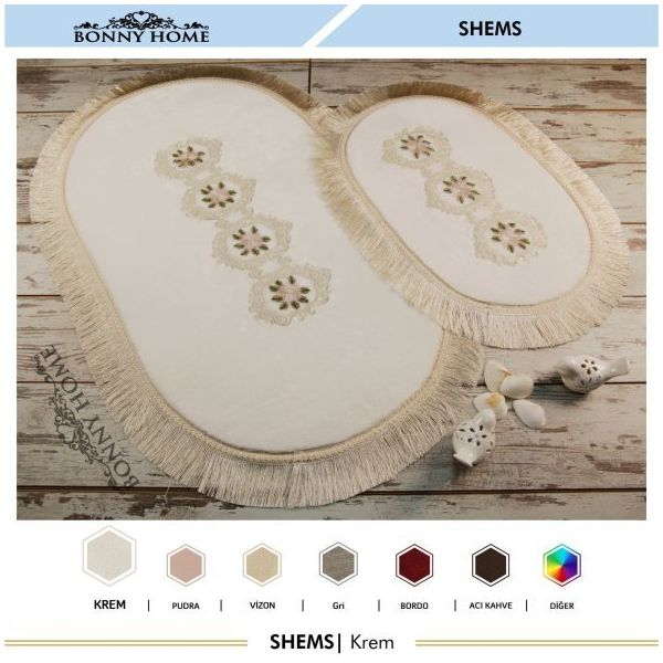 Bonny Home 2'li Krem Shems Dantelli ve Saçaklı Klozet ve Banyo Halısı