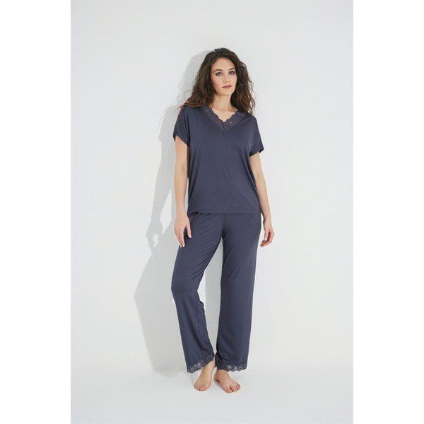 Monamise 18484 Lacivert Dantelli Kısa Kollu V Yakalı Kadın Pijama Takımı