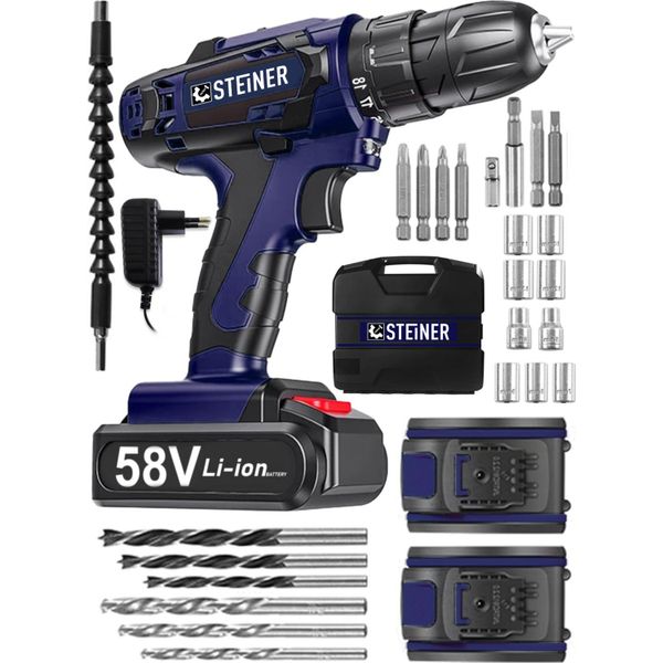 Steiner Alman V-tech 58 V 5 Ah Çelik Motor Çelik Şanzuman Darbeli Şarjlı Çift Akülü Vidalama Matkap