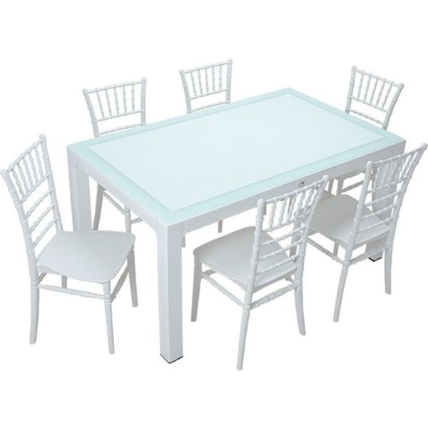 Mandella Wood 90x150 cm Silver Tifany Camlı Beyaz Sandalye Masa Takımı