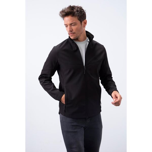 Tommy Life 88050 Fermuarlı Dik Yaka Su ve Rüzgar Geçirmez Softshell Siyah Erkek Mont