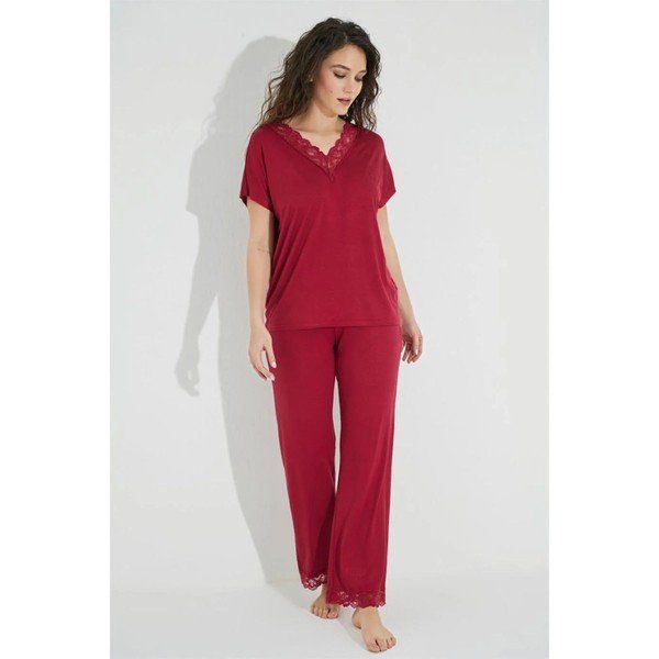 Monamise 18495 Kırmızı Dantelli Kısa Kollu V Yakalı Kadın Pijama Takımı
