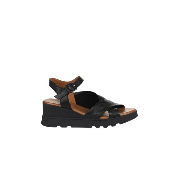 Bueno Shoes 01WY8601 Siyah Deri Kadın Dolgu Topuklu Sandalet