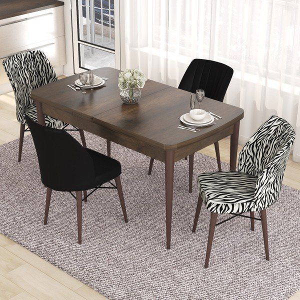 Canisa Concept Eva MDF Açılabilir 80x132 Barok Ahşap Desen Masa 4 Sandalye Masa Takımı