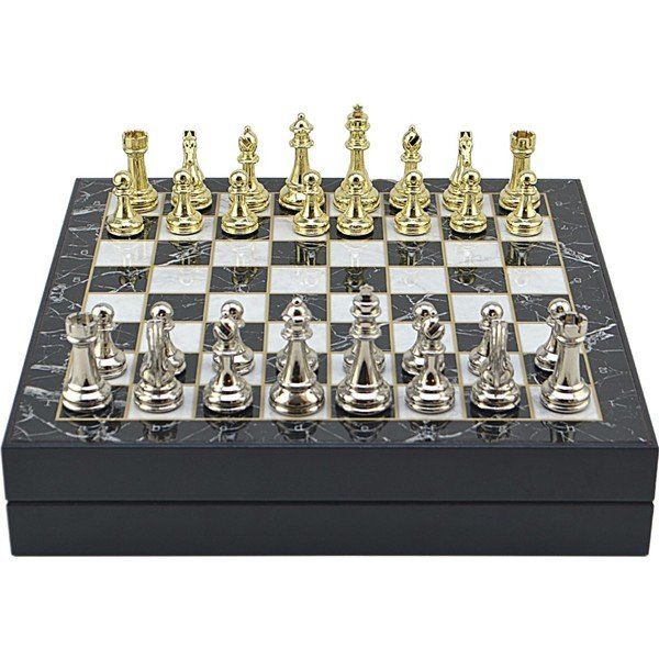 Gift Home Büyük Boy Metal Klasik 36x36x6 cm Satranç Takımı Parlak ve Mermer Desenli Sandıklı MDF Tahtası