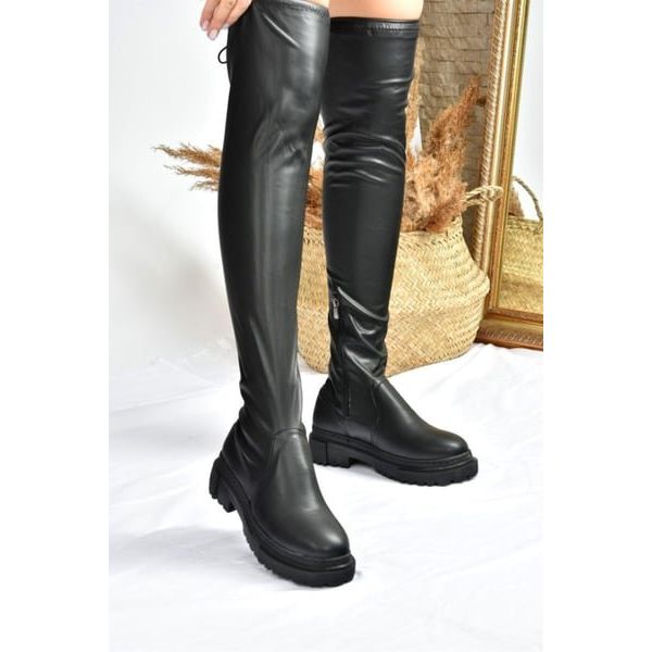 Fox Shoes L670125309 Siyah Suni Deri Streç Diz Üstü Kadın Çizme