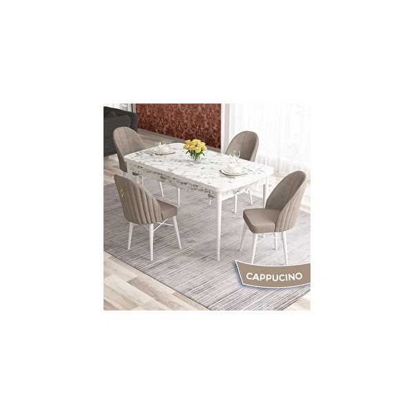 Canisa Elf Serisi 80x132 Açılabilir Beyaz Mermer Desen Masa Takımı ve 4 Adet Cappucino Sandalye
