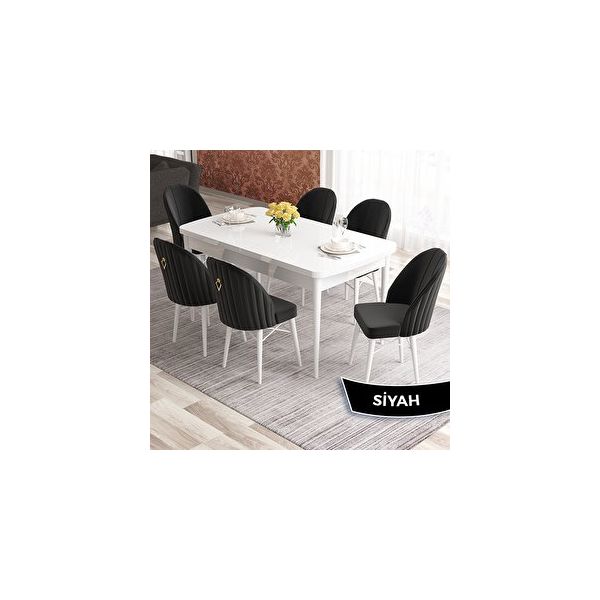Canisa Elf Serisi 80x132 Açılabilir Beyaz Masa Takımı ve 6 Adet Krem Sandalye