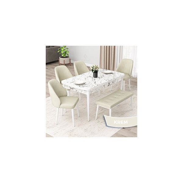 Canisa Orf Serisi 80x132 Açılabilir Beyaz Mermer Desen Mutfak Masası Takımı ve 4 Krem Sandalye ve Krem 1 Bench