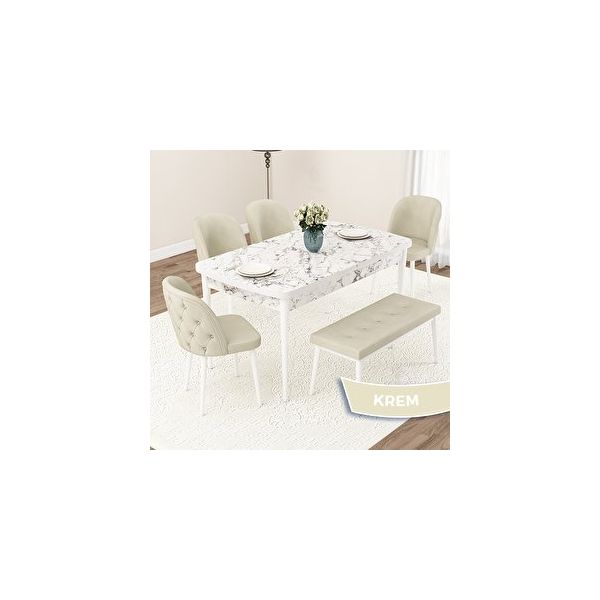 Canisa Jae Serisi 80x132 Açılabilir Beyaz Mermer Desen Mutfak Masası Takımı ve 4 Krem Sandalye ve Krem 1 Bench