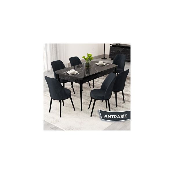 Canisa Rax Serisi 80x132 Açılabilir Siyah Mermer Desen Mutfak Masası Takımı ve 6 Antrasit Sandalye