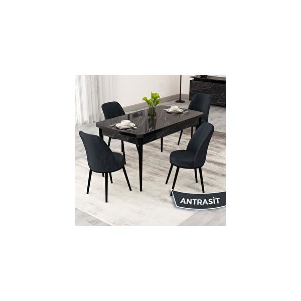 Canisa Rax Serisi 80x132 Açılabilir Siyah Mermer Desen Mutfak Masası Takımı ve 4 Antrasit Sandalye