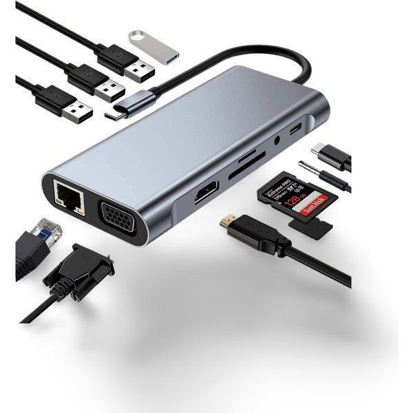 Cosmostech Macbook Pro Air Type-C 11 in 1, 4K Hdmı Vga Pd Usb3.0 RJ45 Ethernet Sd/tf Card Reader 3.5 mm Aux Çevirici Hub Adaptör