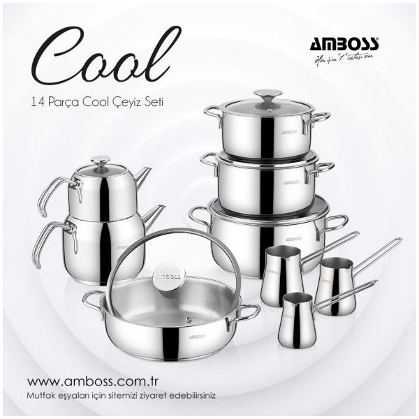 Amboss 14 Parça Cool Gri Paslanmaz Çelik Cam kapaklı Çeyiz Seti
