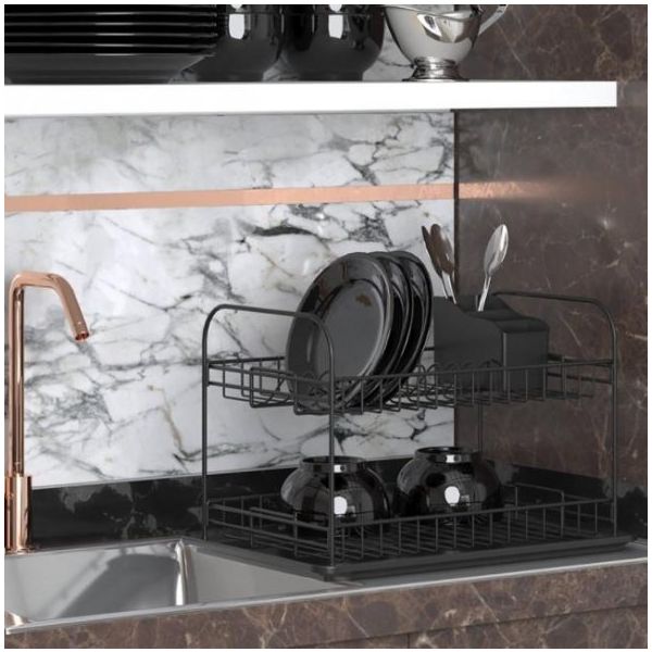 Geseus KB007S Home Mat Siyah İki Katlı Tabaklık Bulaşıklık