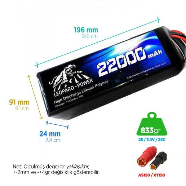 Leopard Power 22000 mAh 7.4V 2S 25C UAV Multirotor Lityum Polimer Lipo Batarya