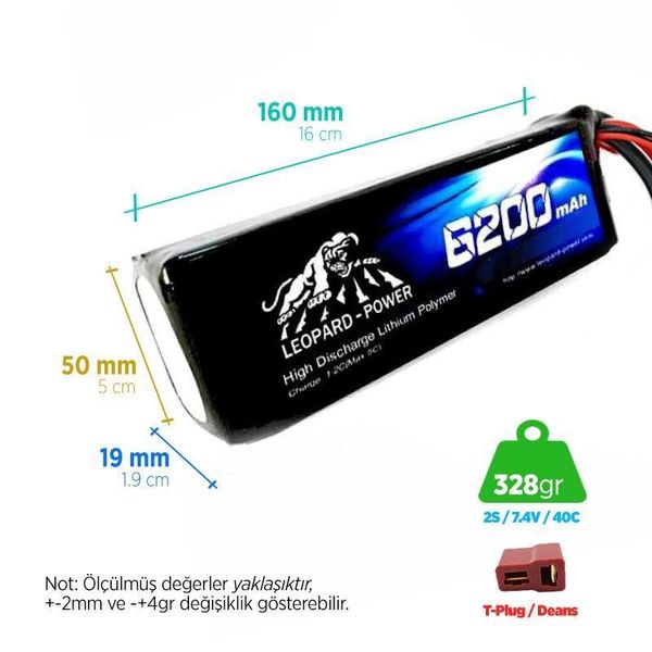 Leopard Power 6200 mAh 7.4V 2S 40C Lityum Polimer Lipo Batarya