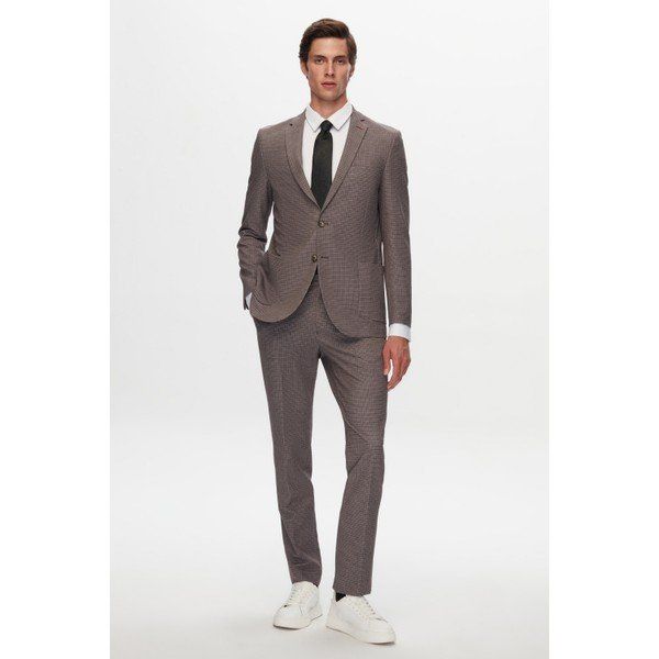 D's Damat 1HC05IM08577M Slim Fit Kahverengi Baskılı Kırışmayan Sihirli Takım Elbise