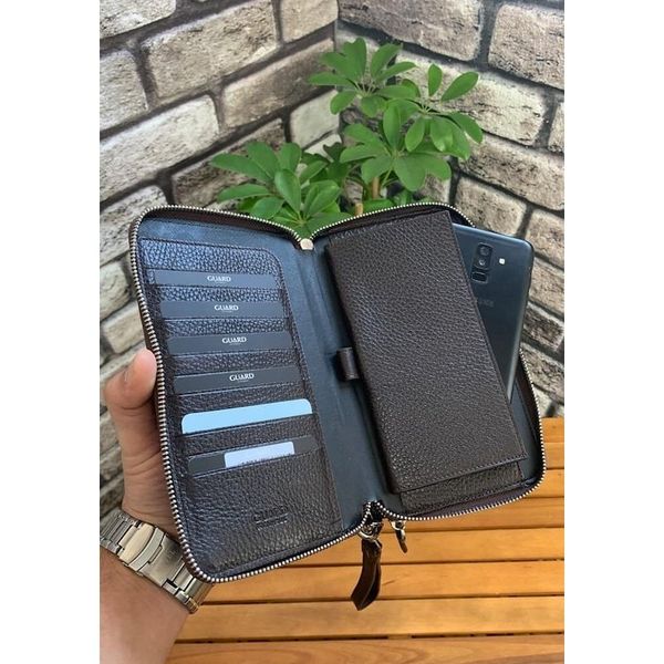 Guard P3031 Çift Fermuarlı Kahverengi Hakiki Deri El Çantası