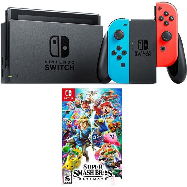 Nintendo Switch Neon Red Blue + Super Smash Bros Ultimate
