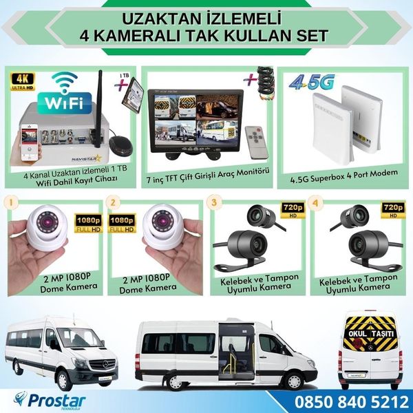 Navistar Uzaktan İzlemeli 4 Kameralı Wifi 4G 1 TB Hard Disk 7 inç Ekranlı Araç Kamera Seti
