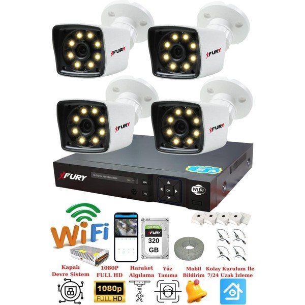 Fury 5525W 4 Kamera 5MP Lens 1080P 2MP Color Görüntü 320GB 8 Warm Led Gece Görüş FHD Güvenlik Kamera Sistemi