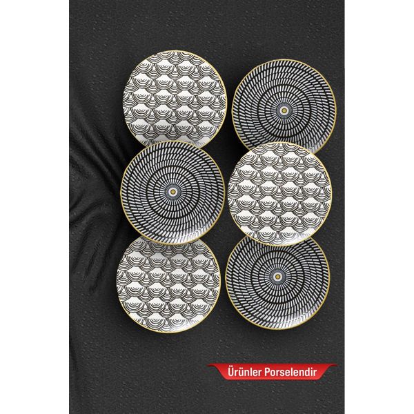Güral Porselen Arya Black White 6'lı Pasta Tabağı