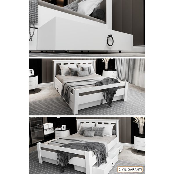 Ninnimo MAÇY-1 Arya Çift Kişilik 160x200 cm Yatak Uyumlu MDF Beyaz Çekmeceli Karyola
