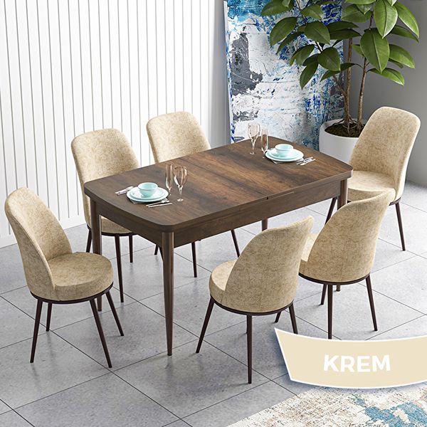 Canisa Han Serisi 70x114 Açılabilir Mdf Barok Ahşap Desen Masa Takımı ve 6 Adet Krem Sandalye