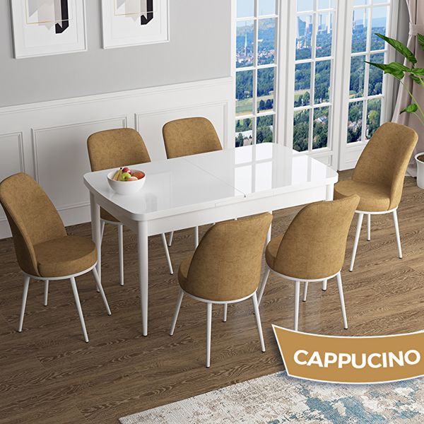 Canisa Han Serisi 70x114 Açılabilir Mdf Beyaz Masa Takımı ve 6 Adet Cappucino Sandalye