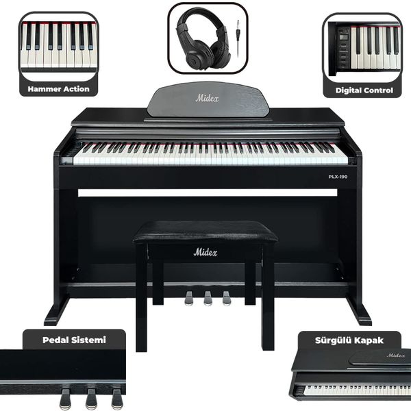 Midex PLX-190BK Siyah 88 Tuşlu Hammer Action ve Tuş Hassasiyeti Dijital Piyano
