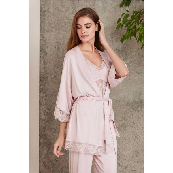 Pierre Cardin 2810 Pudra Dantelli Penye Kadın Sabahlıklı Pijama Takımı