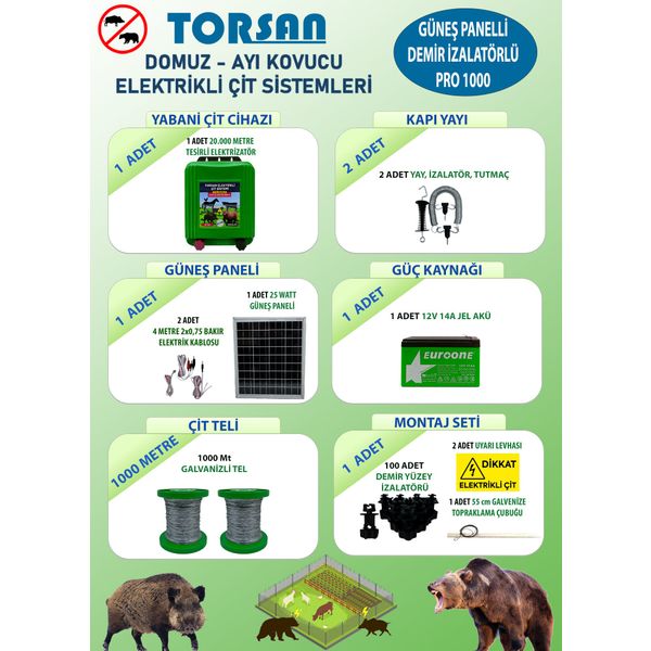 Torsan Pro Plus 1000 Domuz Ayı Kovucu 1000 mt Güneş Panelli Elektrikli Çit Sistemi