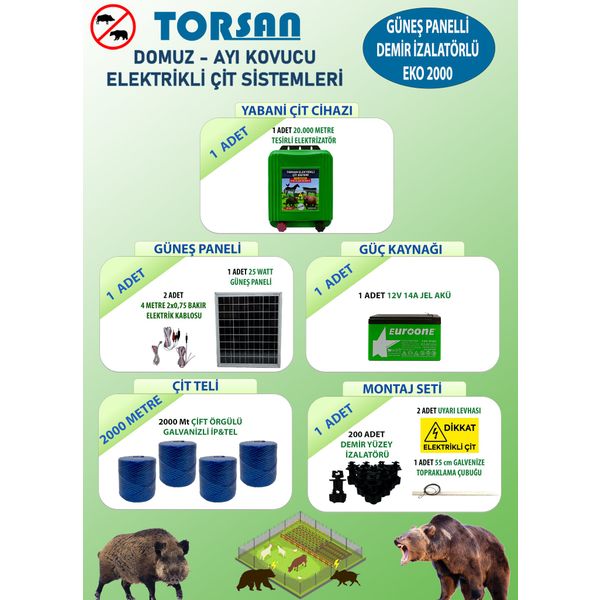 Torsan Eko Plus 2000 Domuz Ayı Kovucu 2000 mt Güneş Panelli Elektrikli Çit Sistemi