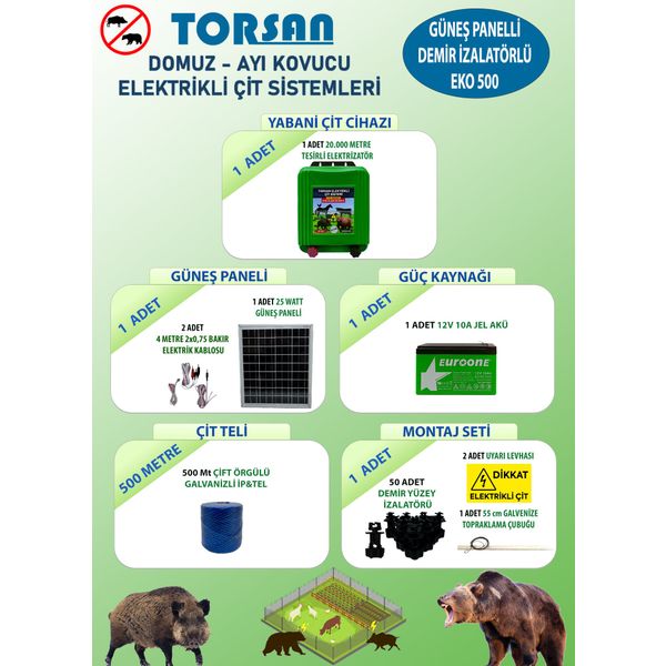 Torsan Eko Plus 500 Domuz Ayı Kovucu 500 mt Güneş Panelli Elektrikli Çit Sistemi