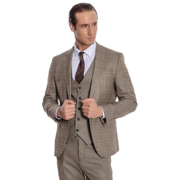 Wessi Kahverengi Ekose Ceketli Slim Fit Lacivert Erkek Takım Elbise