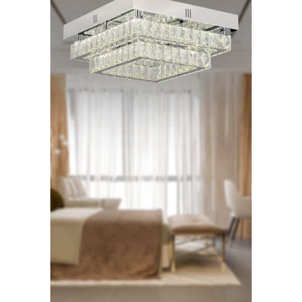 Apliqa Modina 2 Katlı Krom Ledli 3 Renkli 70 Watt Kristalli Taşlı Modern Tasarım Led Kristal Salon Avize