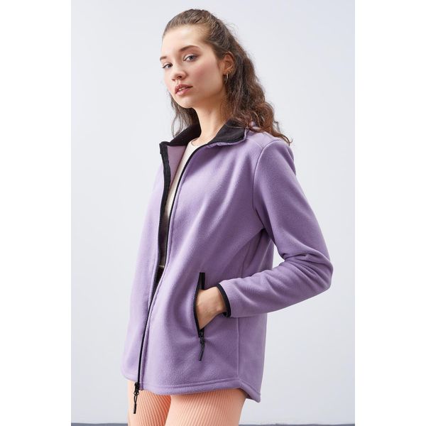Tommy Life 97173 Eflatun Kadın Dik Yaka Fermuarlı Rahat Form Polar Sweatshirt