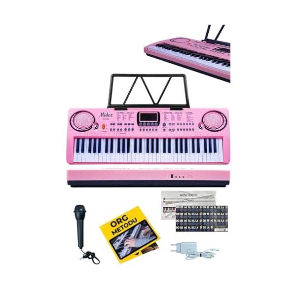 Midex PS-1500PK Başlangıç İçin 61 Tuşlu Org Pembe Renk Notalık Adaptör Mikrofon