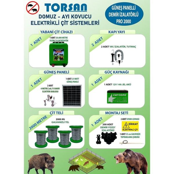 Torsan Pro Plus 2000 Domuz Ayı Kovucu 2000 mt Güneş Panelli Elektrikli Çit Sistemi