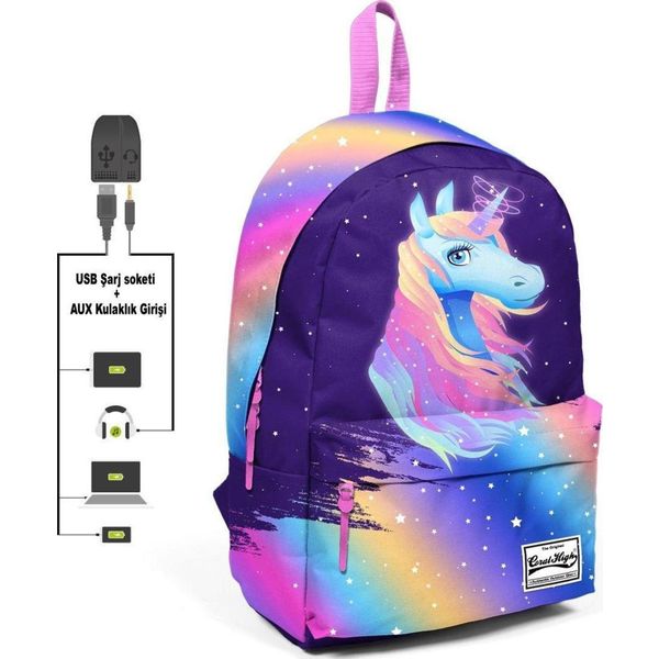 Coral High Renkli Unicorn Desenli Sırt Çantası - Okul Ve Günlük - Usb+aux Soketli Okul Çantası
