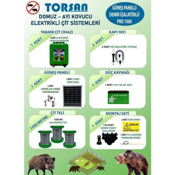 Torsan Pro Plus 1500 Domuz Ayı Kovucu 1500 mt Güneş Panelli Elektrikli Çit Sistemi